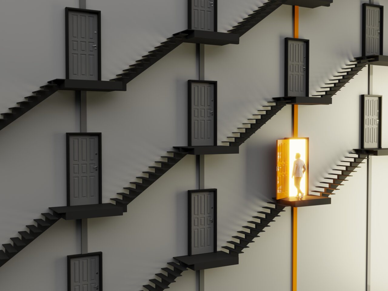 An abstract staircase and gray colored doors, orange colored one is open and a man going in, symbolizing choice concept. ( 3d render )